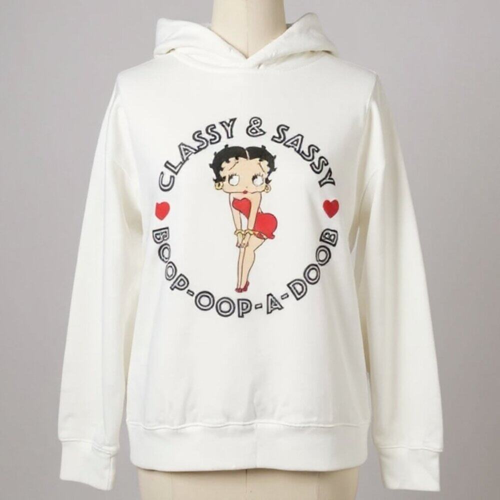 Betty Boop Boop-Oop-A-Doop Hoodie White Graphic Sweatshirt Size L NWT